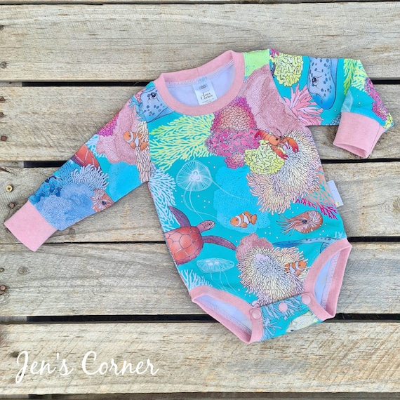 Australian Great Barrier Reef in Ocean. Stingray, Starfish, Coral, Jellyfish Tropical Nemo Fish Bodysuit / Romper - Jen's Corner Shop