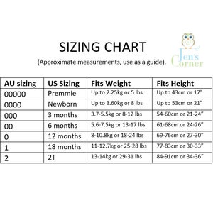 May include: Sizing chart for baby clothes with measurements in inches and pounds, and centimeters and kilograms. The chart shows the corresponding US and Australian sizes for newborn to 2T.
