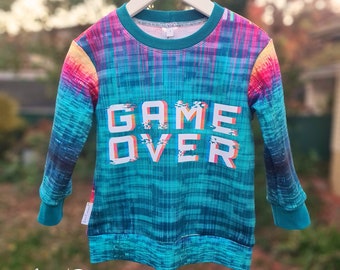 Game Over size 1 ready made lightweight jumper / sweater, pixels. Jen's Corner Shop.