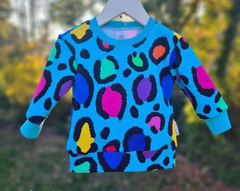 Bright leopard inky soda size 00 ready made lightweight jumper / sweater, Jen's Corner Shop.