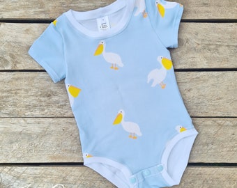 Pelicans at the beach, water birds, ocean, cornflower blue Bodysuit / Romper - Jen's Corner Shop