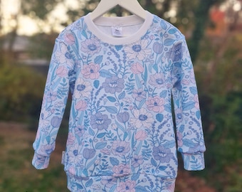Spring flowers in blue tones jumper sweater, Jen's Corner Shop.