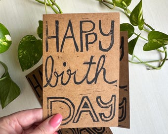 Hand-Printed “Happy Birthday” Greeting Card (4 × 6 in) | Original Linocut Typography Card