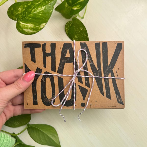 Hand-Printed Thank You Greeting Card (4 × 6 in) | Original Linocut Typography Card