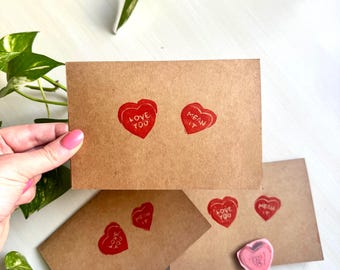 Hand-Printed Linocut Candy Heart Card | Valentine's Day 4x6 Greeting