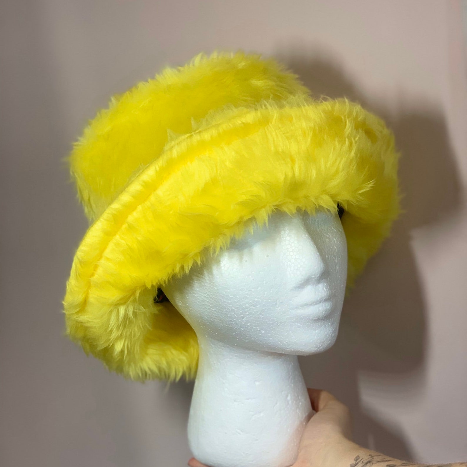 Bright yellow fluffy faux fur bucket hat | Etsy