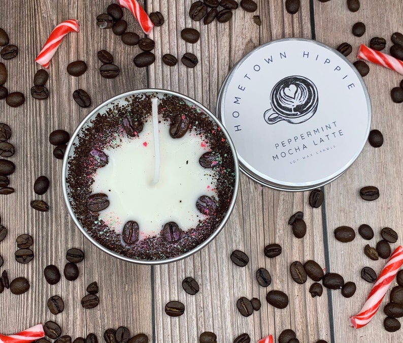 Peppermint Mocha Latte Scented 8oz Tin Container Soy Wax image 1