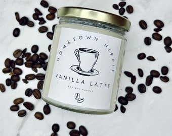 Vanilla Latte Scented, 8oz Soy Wax Candle,  French Vanilla and Fresh Coffee Scented, Coffee Lover Gift for Home and Office,
