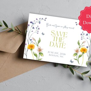 Modelo de cartão postal com data floral, cartão para impressão, salve a data, salve nossos cartões de data editáveis