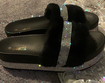 Sparkle, Slippers, Black Slippers, Fluffy Slippers, Glitter Slippers, Sparkle Sandal, Black, Furry, Furry Sandals, Shoes, Slides, Sandals