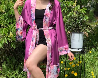 Kimono, Robe, Silk, Floral Kimono, Beachwear, Cover Up, Swim Suit Cover, Lounge Wear, Long Kimono, Women's Wear, Cardigan, Beach, Bathrobe