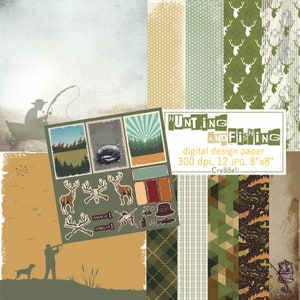 Jagd und Angeln Digital Paper Pack, Hirschjagd Digitalpapier, Angeln Scrapbook Papier, Karten machen, Jagd & Angeln Muster