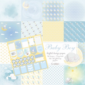 Baby boy digital paper, little boy digital, pastel blue, yellow, nursery patterns, digital paper, baby elephant, download printable art