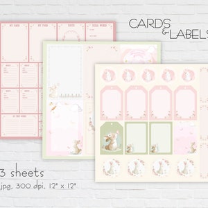 Baby CARDS & LABELS - Planerbögen, Baby Mädchen, digitales Papier, pastell rosa, grün, beige Tags, Baby little bunny, scrapbooking, druckbar