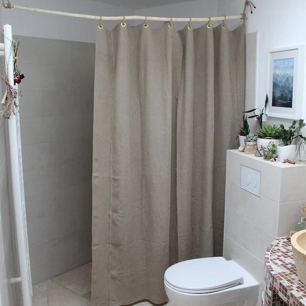 100% ecological linen shower curtain in natural beige color - Size 155cm x 200cm