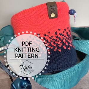 May include: A coral and navy blue knitted chalk bag with a leather patch and a drawstring closure. The bag has a gradient pattern and is part of a PDF knitting pattern. The Maker Lifestyle logo is also visible.