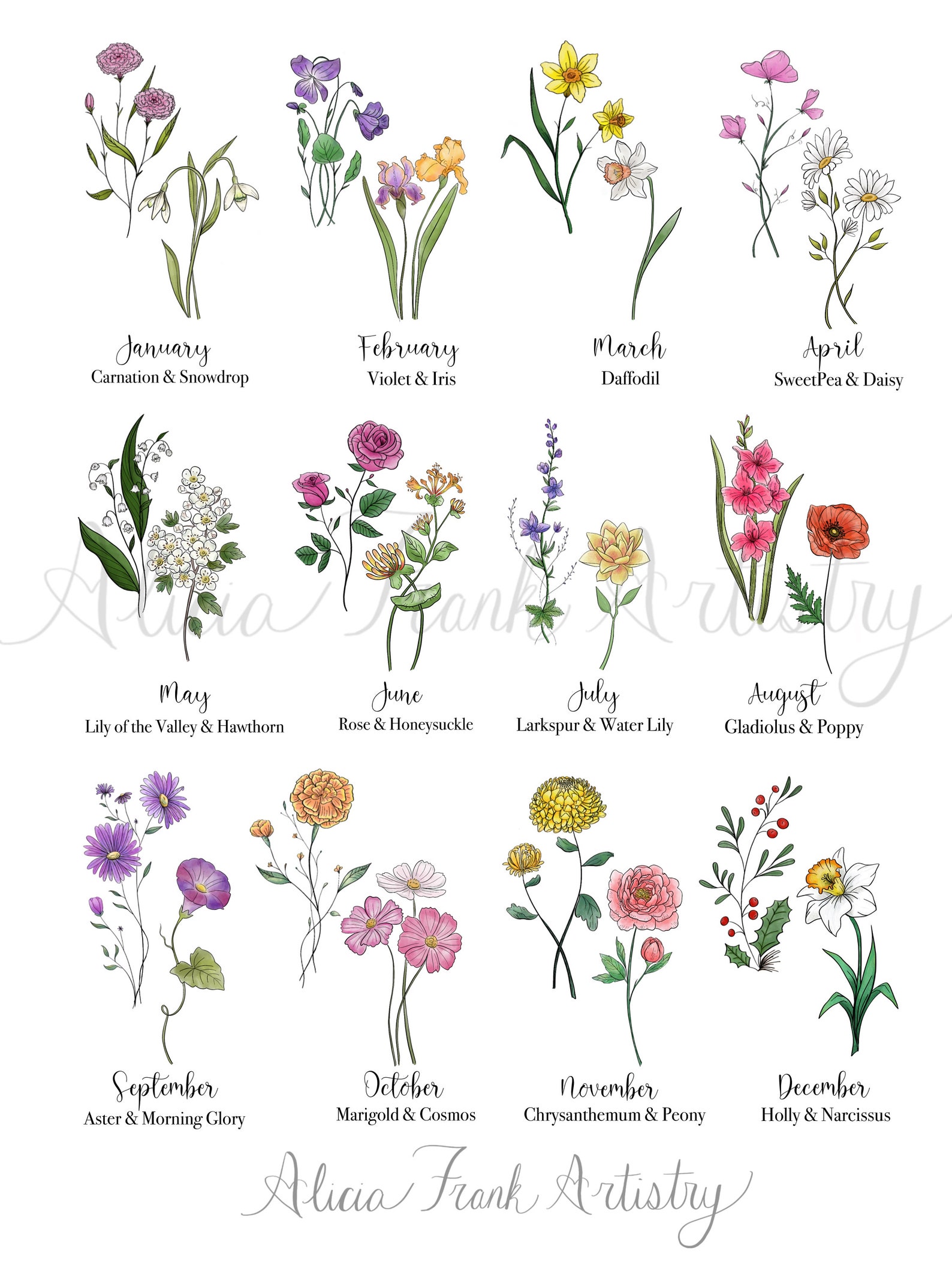 Names Included B&W Birth Flower Bouquet Custom Print Custom - Etsy