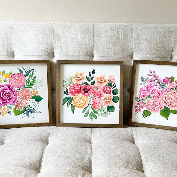 Dahlia, pivoine et ranucnulus peinture florale sur cadre en bois