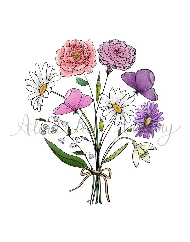 Birth Flower Bouquet Custom Print Custom Family Birth Flower - Etsy
