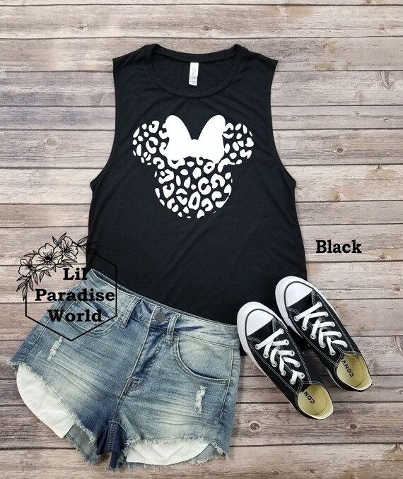 Black Bow Cheetah Minnie Mouse Muscle Tank,animal Kingdom