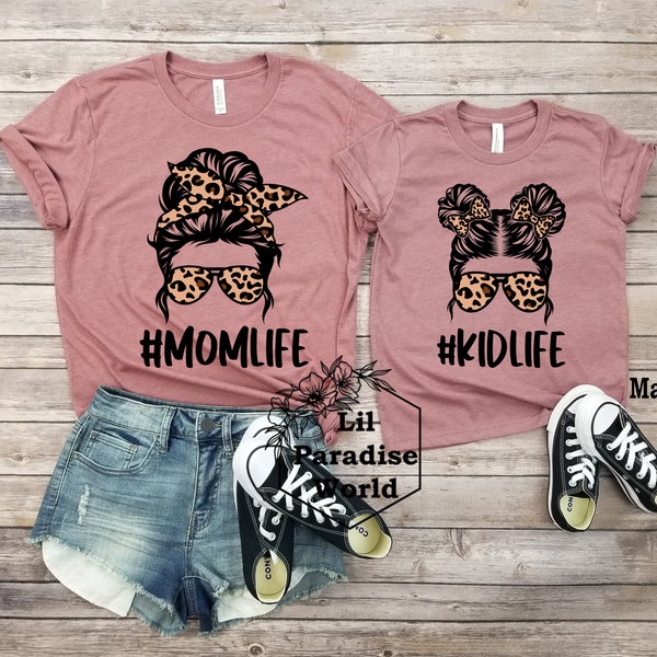 Leopard Bun MomLife-KidLife Shirt-Leopard Mommy And Me-Mom Life Shirt-Matching Mommy And Me-Matching Cheetah Shirts-Mommy And Me Outfit