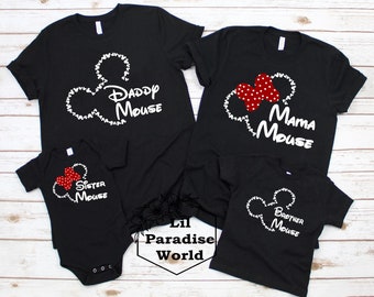 Silhouette Daddy Mouse-Brother Mouse and Polka Dot Bow Mama Mouse-Sister Mouse Shirt,Disney Family Vacation,Matching Disney Family Shirt