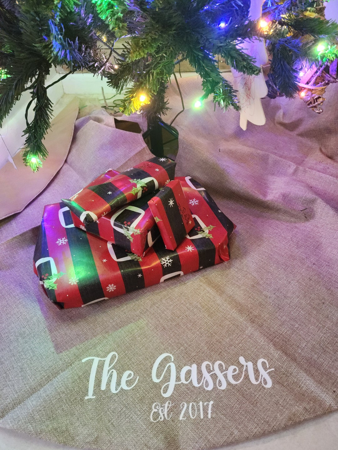 Custom Family Est 48in Round Burlap Tree Skirt Monogrammed Christmas