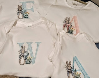 Peter Rabbit Easter Bunny Alphabet Embroidered Monogrammed Kids Shirt Baby Body Suit. Easter Monogrammed Shirt. Easter Basket For Kids.