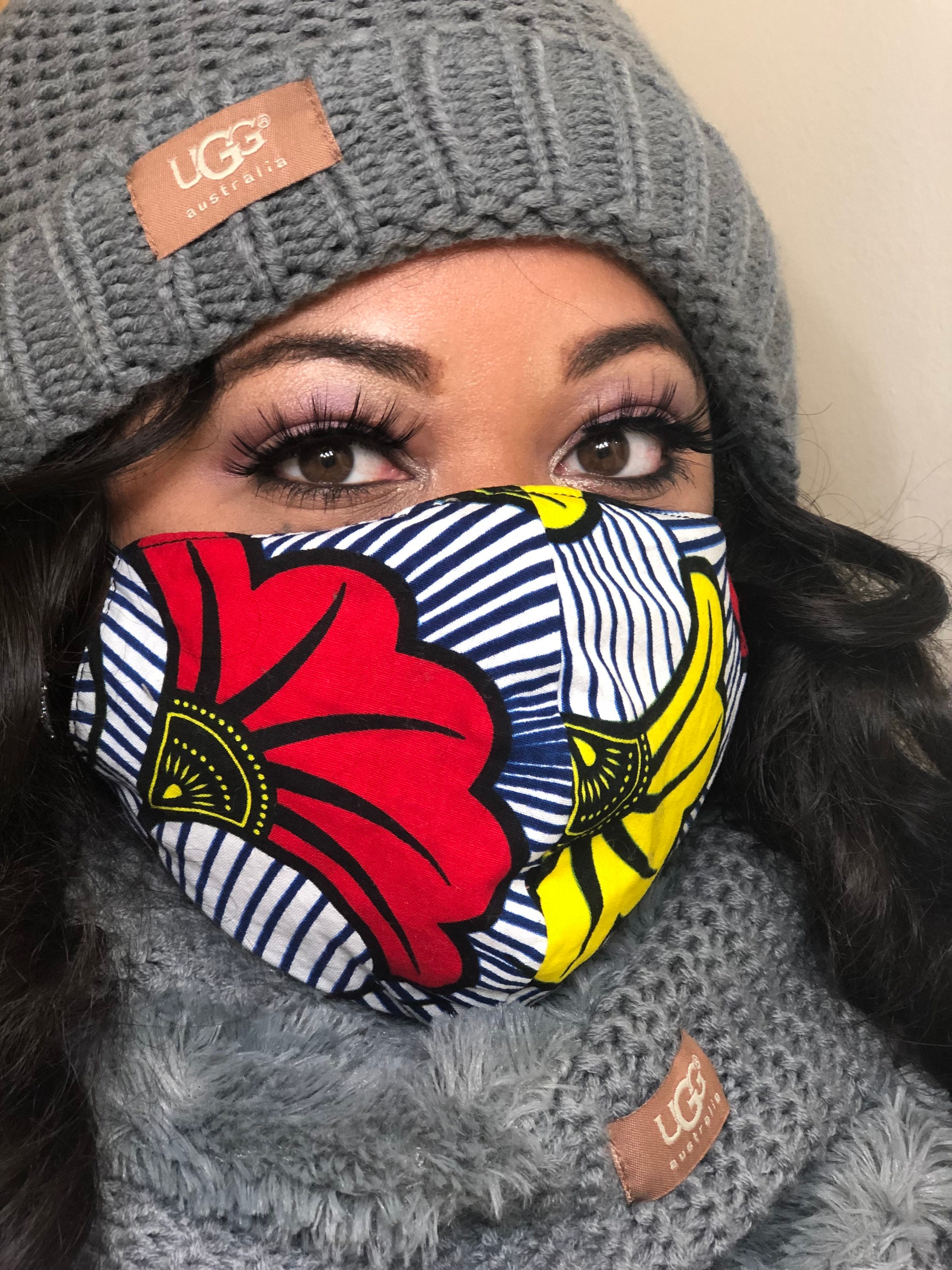 African Ankara Print Bright Colorful Face mask w/ Filter Pocket, Elas…