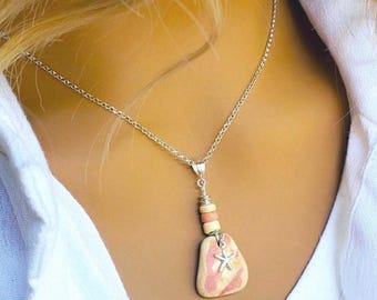 Salmon-Pink Sea Pottery Necklace: Sterling Silver Starfish Charm, Upcycled, Genuine  Beach Pottery Jewelry.