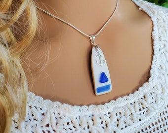 Sailing-Sea Pottery & Cobalt Blue Sea Glass Pendant. 925ss with 925ss Anchor Charm. Genuine Beach/Ocean Glass. Authentic Sea Pottery.