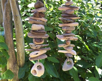 2-Piece Set: Mini Driftwood Mobile/Valhalla Ladder/Witches Ladder/Windchime-Rustic Hanging Art w/Hag/Odin/Adder/Holey Rock- 10.5&quot; & 12&quot; long