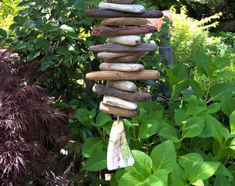 Coast Treasure-Driftwood Mobile/Valhalla Ladder/Witches Ladder/Windchime-Rustic Hanging Art/Big Abalone Shell Piece-Indoor/Outdoor-31&quot; long