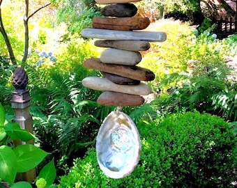 Wild Sea - Big Driftwood Mobile/Valhalla Ladder/Witches Ladder/Windchime-Large Hanging Art w/Whole Abalone Shell -Indoor/Outdoor-30&quot; long