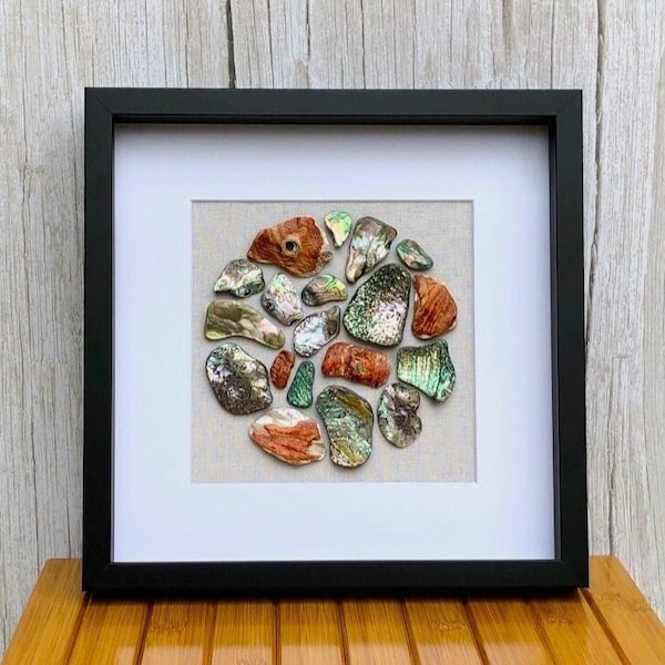 Pearly Treasures - Abalone Shell Shadowbox Art. Natural/Ethical Seashell Collage/Mosaic in a Circle behind Glass - 12x12 Black Wood Frame