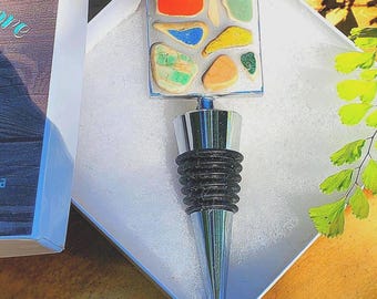 Sea Pottery Wine/Bottle Stopper: Vintage Mosaic, Coastal Bar/Kitchen Decor/Accessory