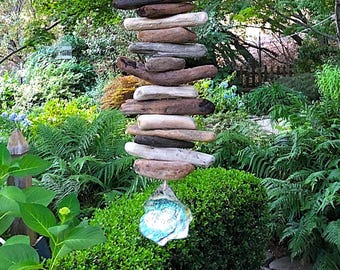White Cap Delight-Large Driftwood Mobile/Valhalla Ladder/Witches Ladder/Windchime/Hanging Art w/Big Abalone Shell - Indoor/Outdoor-34&quot; long