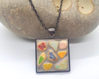 Sea Pottery Mosaic Necklace: Genuine, Hand-found Beach Shard Pendant, Gunmetal Bezel, Handmade Coastal Jewelry.