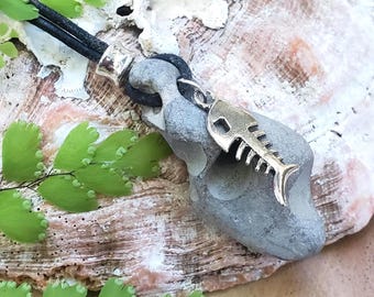 Hag Stone Necklace: Holey Sea Rock Pendant, Silver Fish Skeleton, Adjustable Leather Cord