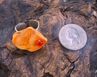 Genuine Orange Sea Pottery Statement Ring: Sunstone Accent, Beach-found, Adjustable Silver Base, Handmade California Coast Jewelry.