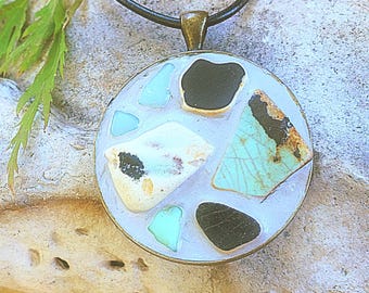 Sea Pottery Mosaic Necklace: Art Deco Style, Hand-found, Genuine Beach Pottery and "Custard" Sea Glass  mix, with Adjustable Leather Cord.