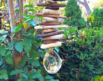 Mermaid Treasure-Big Driftwood Mobile/Valhalla Ladder/Witches Ladder/Windchime-Chunky Hanging Art w/Large Abalone Shell-Inside/Out-36&quot; long