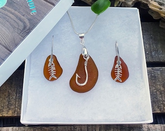Sterling Silver Sea Glass Set: Rootbeer Brown Fishbone/Fishhook Necklace & Earrings, Genuine Beach Glass.