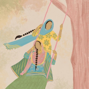 Punjab Women on Swings Art Print: India Wall Decor