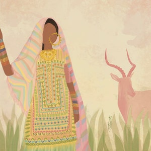 India Art Print: Woman and Antelope - Yellow Wall Decor