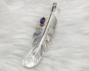 Pendentif plume en argent 950 et améthyste, pendentif plume, pendentif améthyste, bijoux faits main, bijoux artisanaux, bijoux exclusifs