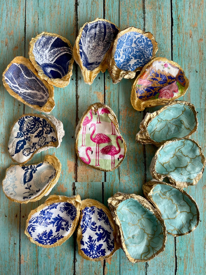 Decoupage Oyster Shells in Beautiful Caspari Gilded Majolica Etsy