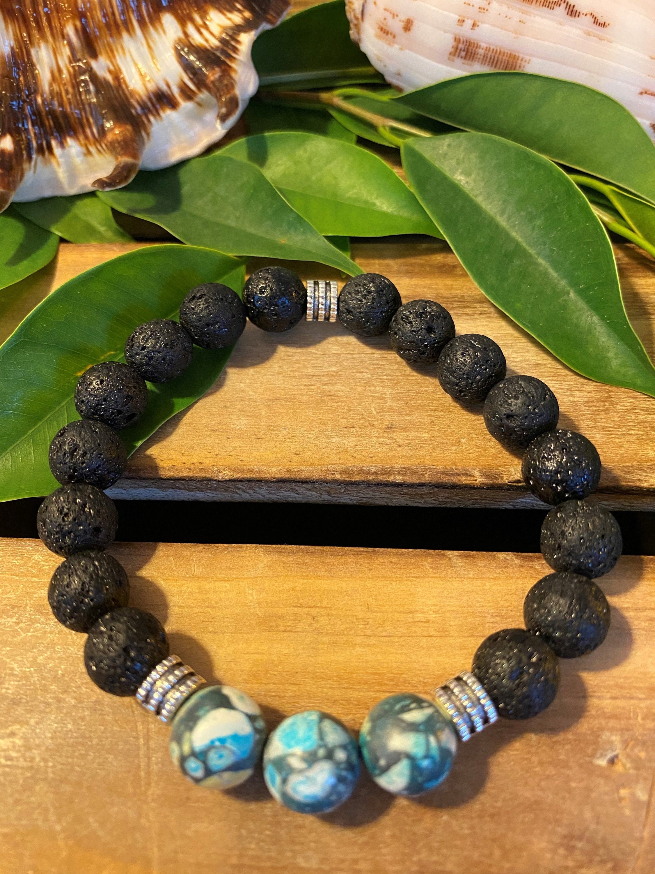 Black Lava Stone 8mm Beaded Stretchy Bracelet with Light Blue Sponge Coral Focal Beads Men/'s Matte Black Agate