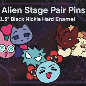 May include: A collection of hard enamel pins featuring cartoon alien characters. The pins are 1.5 inches in size and have a black nickel finish. The pins include a pink bunny, a purple cat, a red fox, a blue spiky character, and a blue circle character.