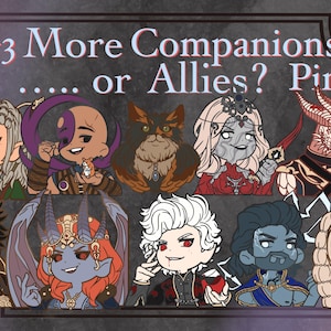 May include: A set of ten enamel pins featuring characters from the video game Baldur's Gate 3. The pins are colorful and feature a variety of characters, including a tiefling, a human, a dwarf, and a gnome. The pins are all about 2 inches in diameter and are perfect for adding a touch of personality to your backpack, jacket, or hat.